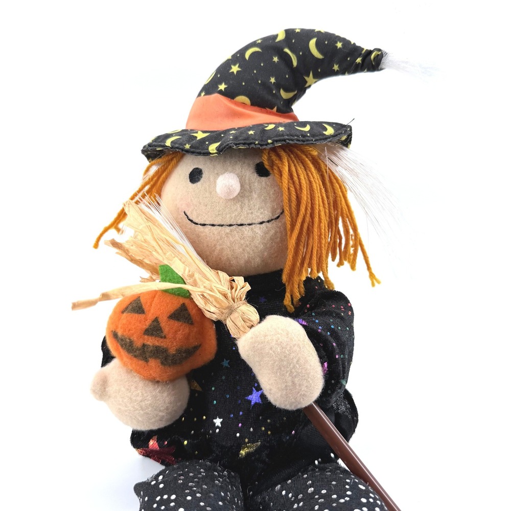 Light Up Fiber Optic Witch Decor Black Orange Star Pumpkin Broom Halloween Plush